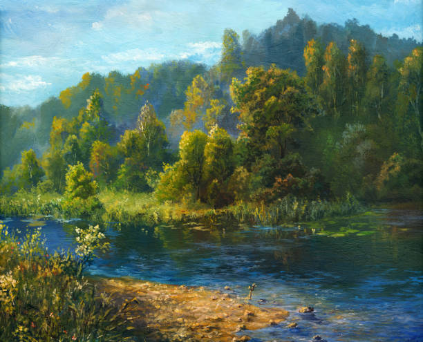 ilustraciones, imágenes clip art, dibujos animados e iconos de stock de río de verano, pintura al óleo - landscape painting