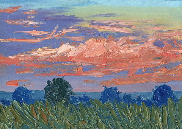stockillustraties, clipart, cartoons en iconen met summer sunset, oil painting - grass texture