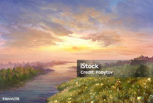 istock Summer sunset, oil painting 936444218