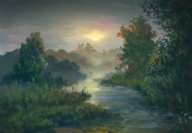 summer twilight, oil painting vector art illustration