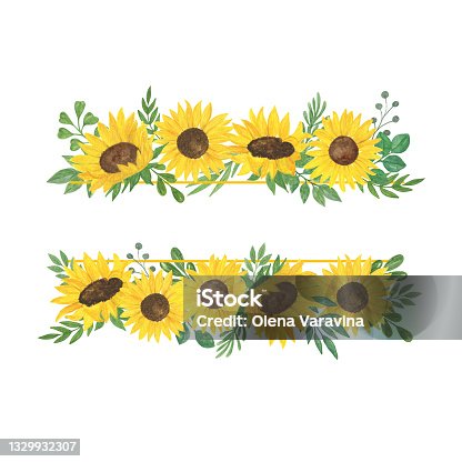 istock Sunflower and leaves frame, floral composition watercolor illustration, field agricultural plant summer bouquet, arrangement for thanksgiving, greeting card, boho decor, wedding invitation template 1329932307