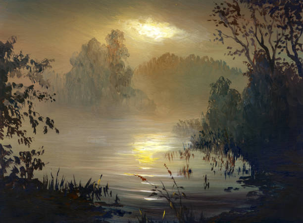 Sunset on the river, oil painting vector art illustration