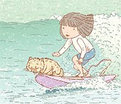 Vector drawing a little girl with a cat on board on a wave.