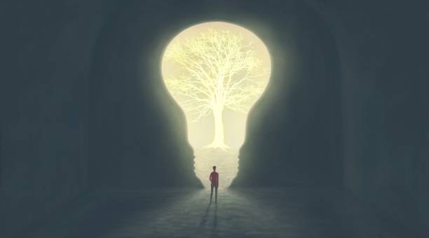 Surreal art, man with a tree in light bulb, idea brain mental health psychology and life concept idea, painting illustration, conceptual artwork vector art illustration