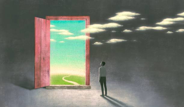 Surreal art of dream success and hope concept  , imagination artwork,  ambition idea painting illustration,  man with nature in a door vector art illustration