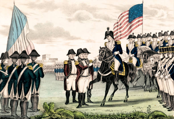 Surrender of Lord Cornwallis at Yorktown, 1781 Vintage illustration features the surrender of Lord Charles Cornwallis and the British army at Yorktown, Virginia, in 1781, which ended the last major campaign of the American Revolutionary War. american revolution stock illustrations