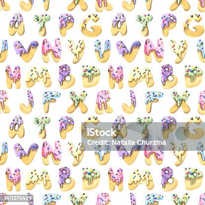 istock Sweet cookie letters in icing with confectionery sprinkles. Watercolor illustration. Seamless pattern on a white background from a large set of ICE CREAM. For fabric, textiles, wallpaper. 1411375429