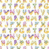 istock Sweet cookie letters in icing with confectionery sprinkles. Watercolor illustration. Seamless pattern on a white background from a large set of ICE CREAM. For fabric, textiles, wallpaper. 1411375429