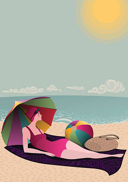 swimmer lady on sunny beach vector art illustration