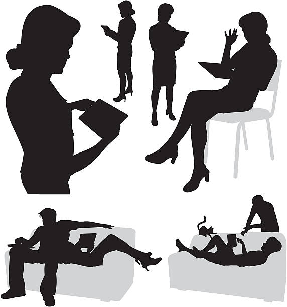 Tablet PC Man and woman with tablet PC's laptop silhouettes stock illustrations
