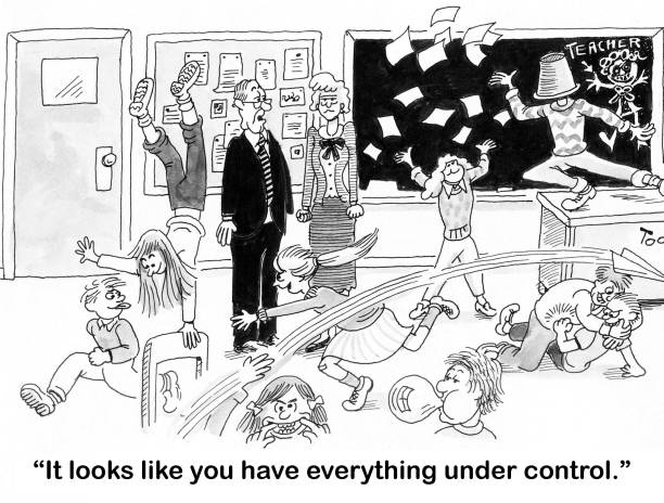 Teacher does not control classroom  classroom chaos stock illustrations
