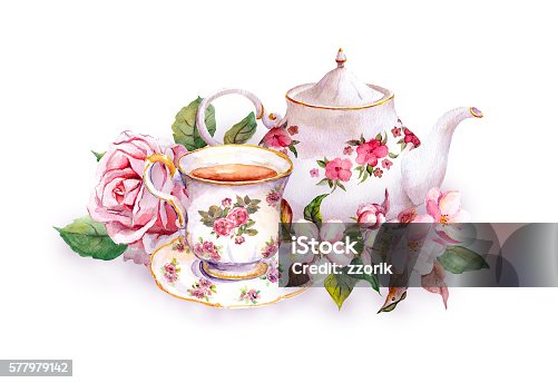 istock Teacup, tea pot, pink flowers - rose and cherry blossom 577979142