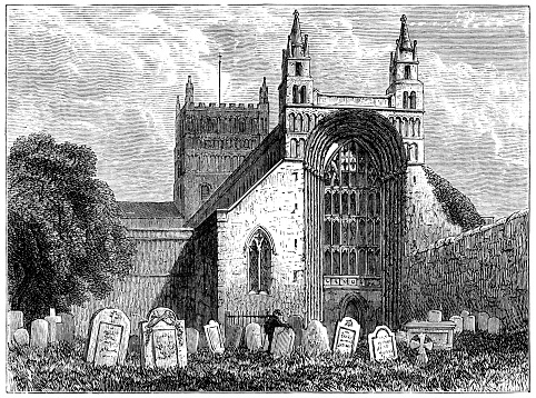 Tewkesbury Abbey at the town of Tewkesbury in Gloucestershire, England. Vintage etching circa 19th century.