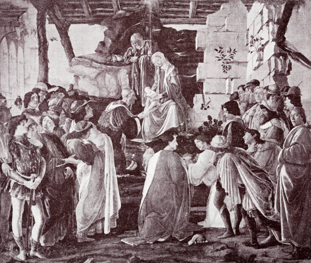 The Adoration of the Magi, painting by Sandro Botticelli Illustration from 19th century. botticelli stock illustrations