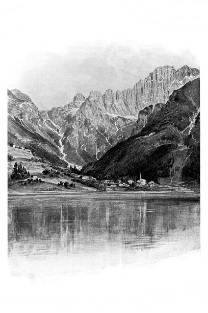 аллегейское озеро в доломитовых альпах - marmolada stock illustrations