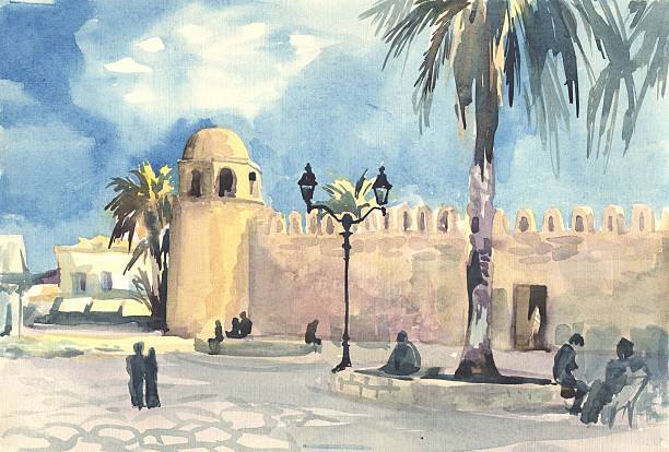 The area around the old mosque. Eastern city. Painting. Watercolor The area around the old mosque in the Eastern city. Painting. Watercolor tunisia woman stock illustrations