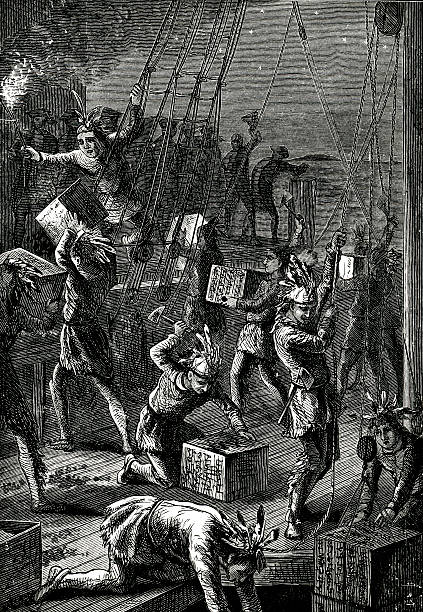 The Boston Tea Party Engraving from 1882 showing the Boston Tea Party of 1773 in Boston, Massachusetts, USA. boston tea party stock illustrations