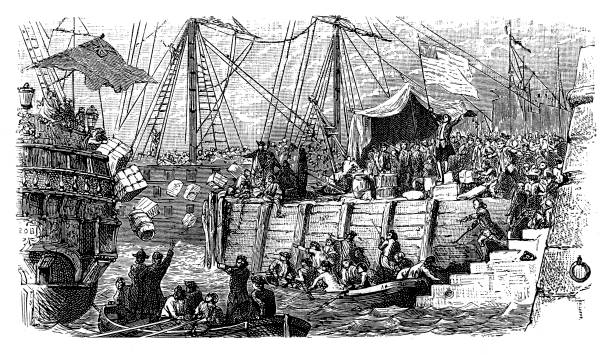 The Boston Tea Party was a political protest by the Sons of Liberty in Boston, Massachusetts, on December 16, 1773 Illustration of a The Boston Tea Party was a political protest by the Sons of Liberty in Boston, Massachusetts, on December 16, 1773 boston tea party stock illustrations