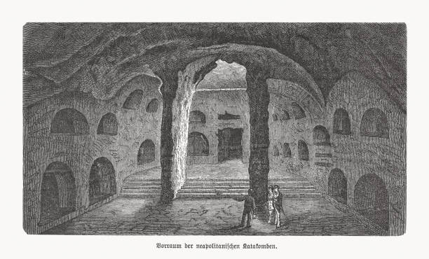 stockillustraties, clipart, cartoons en iconen met de catacomben van napels, italië, houtgravure, gepubliceerd in 1893 - napoli