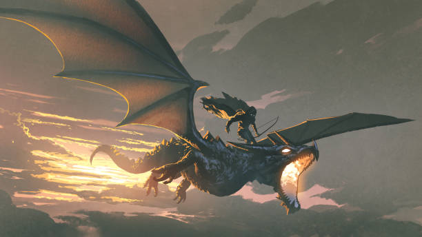 The dragon of the darkness the black knight riding the dragon flying in the sunset sky, digital art style, illustration painting dragon stock illustrations