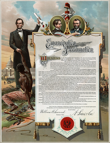 Vintage image represents the Emancipation Proclamation, an executive order issued by President Abraham Lincoln on January 1, 1863, close to the third year of the American Civil War. The proclamation declared 