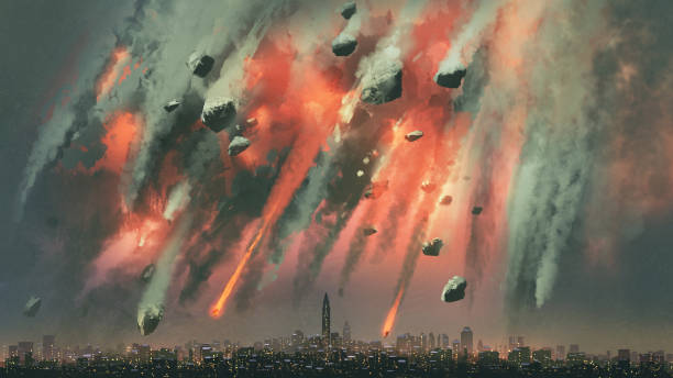 the end of the world sci-fi scene of the meteorites explodes in the sky above the city, digital art style, illustration painting apocalypse stock illustrations