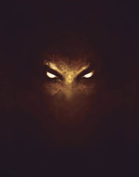the face of a demon with glowing eyes the face of a demon with glowing eyes, in the dark - a painting eye silhouettes stock illustrations