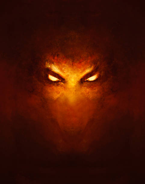 the face of a demon with glowing eyes the face of a demon with glowing eyes, in the dark - a painting demon fictional character stock illustrations