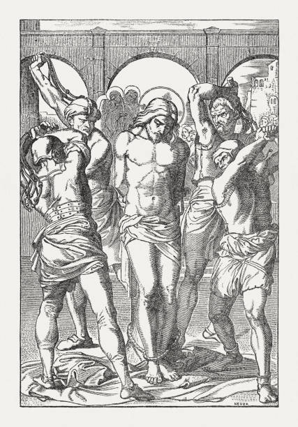 The Flagellation of Christ (Matthew 27), wood engraving, published 1850  drawing of the good friday stock illustrations
