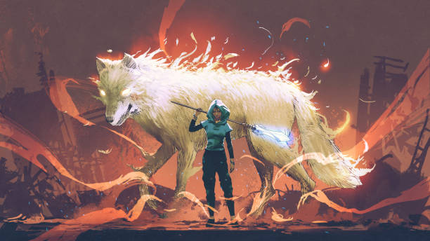 The giant guardian wolf vector art illustration