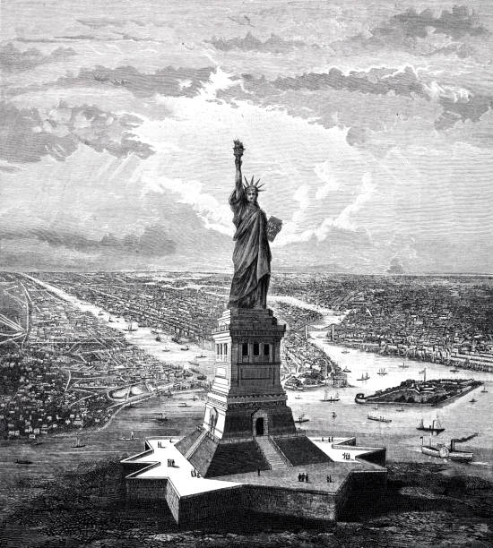 The giant statue of freedom in the port of new york, statue of liberty Illustration from 19th century. cartoon of a statue of liberty free stock illustrations