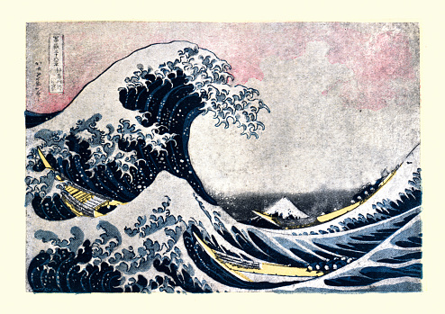 Vintage illustration of The Great Wave off Kanagawa after Hokusai. The Great Wave off Kanagawa, also known as The Great Wave or simply The Wave, is a woodblock print by the Japanese ukiyo-e artist Hokusai.