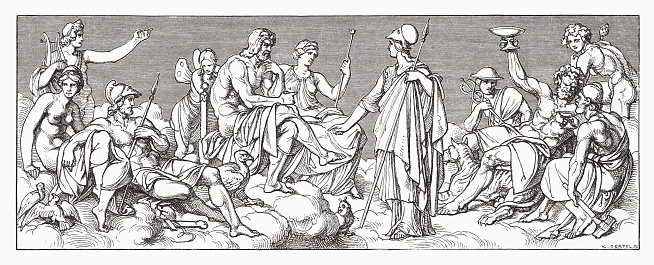 The gods of Greek mythology on Mount Olympus. Wood engraving after a drawing by Friedrich Preller (German painter, 1804 - 1878), publshed in 1881.