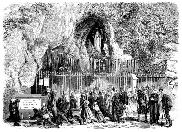 루르드의 기적적인 마돈나와 동굴, 루르드의 성모는 프랑스 루르드 부근에서 1858 년에 일어난 마리아 유령의 명예에 존경 축복받은 성모 마리아의 로마 가톨릭 제목입니다 - madonna stock illustrations