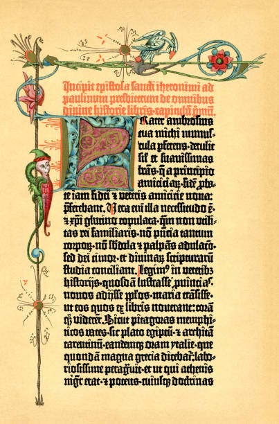 The Gutenberg Bible page with illuminated letter 1898 vector art illustration
