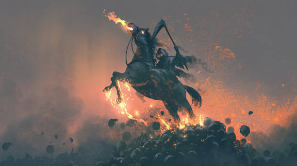 the horseman from the underworld the horseman, grim reaper riding the horse jumping  from a pile of human skulls, digital art style, illustration painting demon fictional character stock illustrations