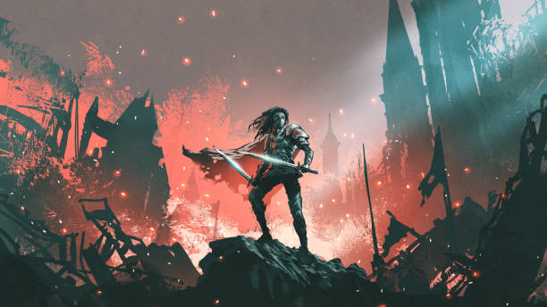The knight with twin swords knight with twin swords standing on the rubble of a burnt city, digital art style, illustration painting fantasy stock illustrations