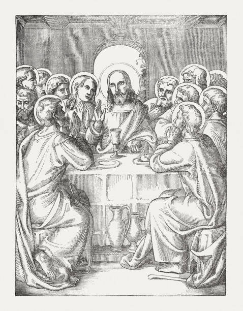 The last supper, wood engraving, published in 1850  drawing of the good friday stock illustrations