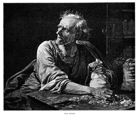 Vintage engraving of a greedy old man counting his money.