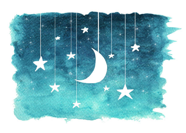 The moon and stars hanging from strings painted in watercolor on white isolated background, night sky background The moon and stars hanging from strings painted in watercolor on white isolated background, night sky background sleeping backgrounds stock illustrations