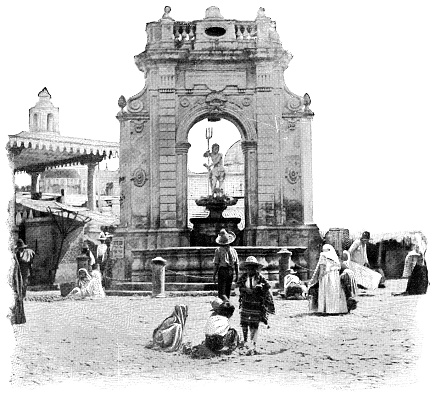 The Neptune Fountain at Corregidora Plaza Querétaro City in Querétaro, Mexico. Vintage halftone etching circa 19th century. The fountain was originally at the orchard of the San Antonio convent. Later moved to this location at the market of Corregidora Plaza. In 1908 it was moved again to the garden of the Santa Clara temple.