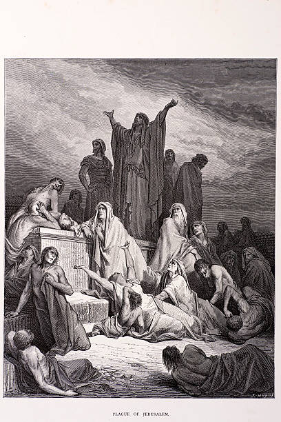 The plague of Jerusalem The plague of Jerusalem, a scene from the bible. Engraving from 1870. Engraving by Gustave Dore, Photo by D Walker. bubonic plague photos stock illustrations