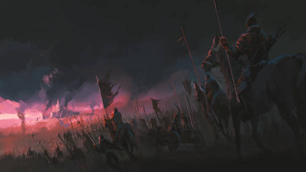 The pressure of the army, ancient war scenes, digital painting. The pressure of the army, ancient war scenes, digital painting. conflict stock illustrations