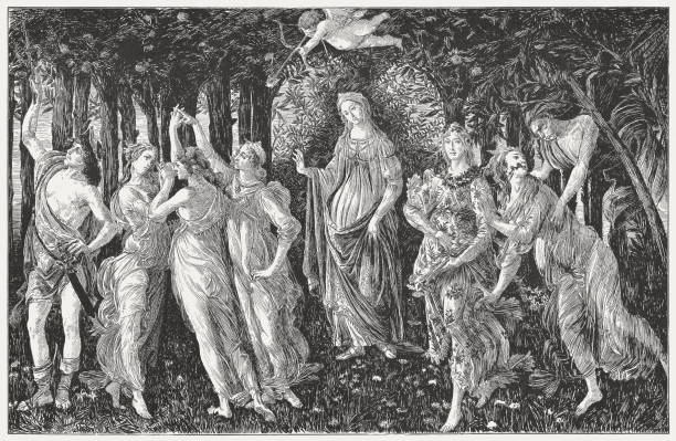 The Primavera, painted by Sandro Botticelli, wood engraving, published 1884 The Primavera (or the Allegory of Spring). Wood engraving after a painting  (1477-82) by Sandro Botticelli (Italian painter, c. 1445 - 1510) at Uffizi Gallery in Florence, published in 1884. botticelli stock illustrations