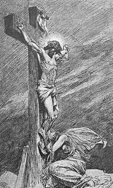 The Redeemer on the cross, side view Illustration from 19th century. drawing of the good friday stock illustrations