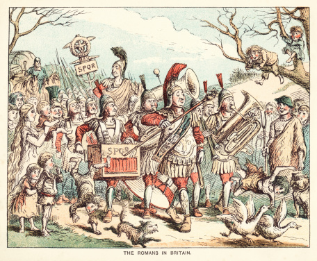 Of course, it wasn’t really like this! The artist has given the Roman army a brass band and a barrel organ to enliven their march through Britain! 