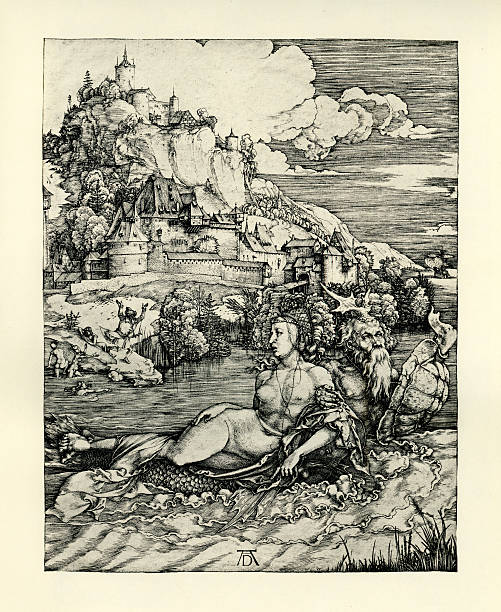 The Sea Monster Vintage engraving by Albrech Durer, showing The Sea Monster, 1498 merman stock illustrations