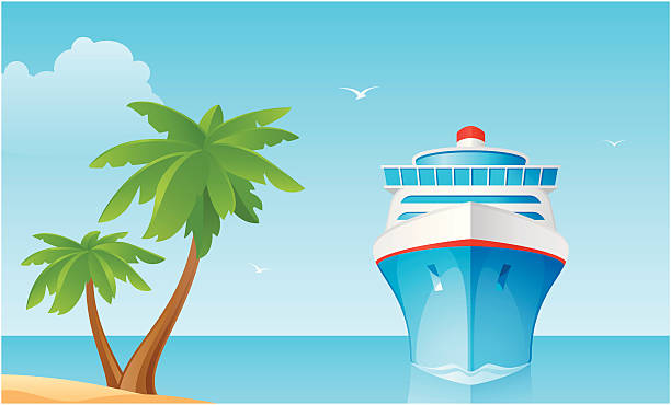 The ship A!ruise ship and palm tree in the background of blue ocean and sky. cruise vacation stock illustrations