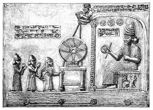 The Sun-god Shamash in his Shrine, Tablet of Shamash is a stone tablet recovered from the ancient Babylonian city of Sippar in southern Iraq in 1881 Illustration of the Tablet of Shamash is a stone tablet recovered from the ancient Babylonian city of Sippar in southern Iraq in 1881 mesopotamian stock illustrations