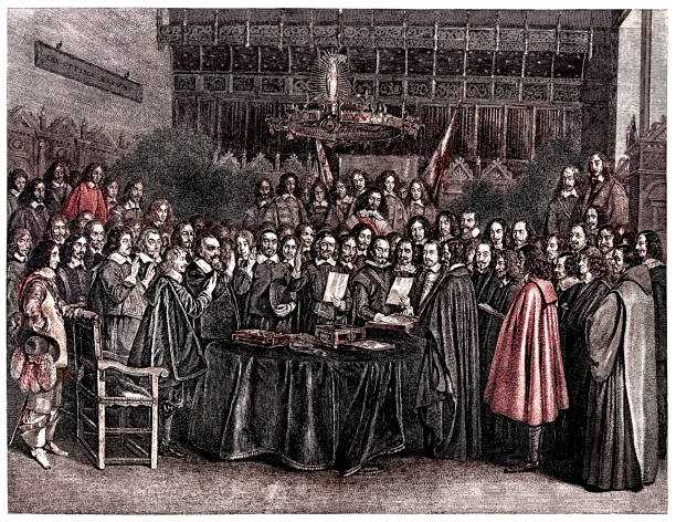 문 스 터에서 웨스트 팔 리아 조약 비준 서 약의 맹세, 24 10 월 1648 - 노르트 라인 베스트팔리아 stock illustrations